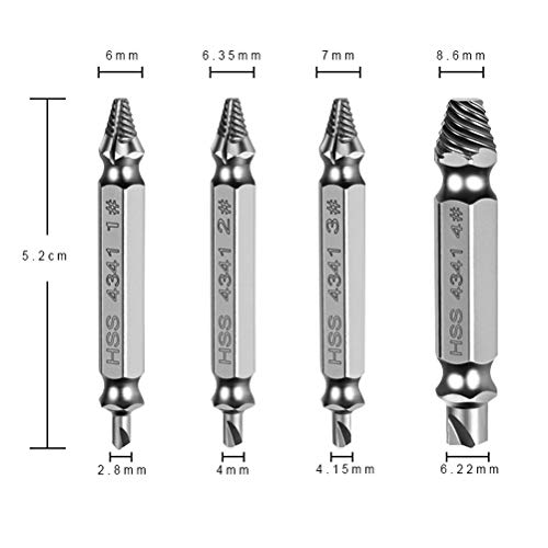 kuou Juego de 4 extractores de tornillos, juego de extracción de tornillos dañados para sacar el tornillo dañado despojado con cualquier taladro