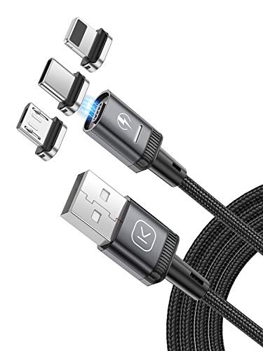 Kuulaa Cable de carga magnético 3 en 1, cable de carga rápida 3 A, trenzado con LED Light Magnetic USB cable de carga para micro USB, tipo C y iProducts (gris, 1 m)