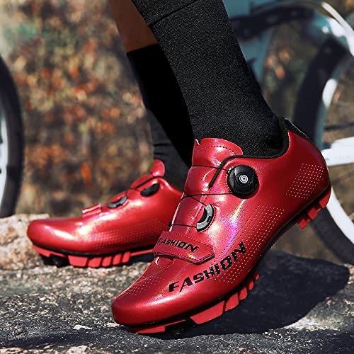 KUXUAN Calzado De Ciclismo Hombre Mujer Zapatillas MTB Ciclismo Zapatillas De Bicicleta De Montaña con Cerraduras Zapatillas con Autobloqueo Ciclismo Al Aire Libre Zapatillas De Spinning,Red-41EU