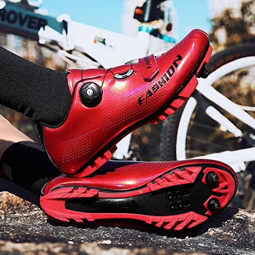 KUXUAN Calzado De Ciclismo Hombre Mujer Zapatillas MTB Ciclismo Zapatillas De Bicicleta De Montaña con Cerraduras Zapatillas con Autobloqueo Ciclismo Al Aire Libre Zapatillas De Spinning,Red-41EU