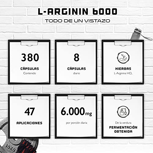 L-Arginina - 380 cápsulas veganas - 6000 mg de L-Arginina HCL vegetal por porción diaria (= 4980 mg de L-Arginina pura) - Aminoácido - Altamente dosificado