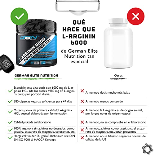 L-Arginina - 380 cápsulas veganas - 6000 mg de L-Arginina HCL vegetal por porción diaria (= 4980 mg de L-Arginina pura) - Aminoácido - Altamente dosificado