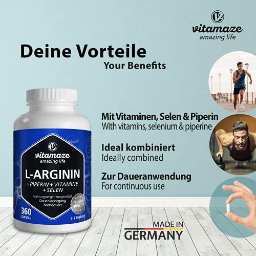 L-Arginina Capsulas 4500 mg, 360 Comprimidos con Formula Vital B6, B12 + Acido Folico + Selenio y Piperina, sin Aditivos Innecesarios