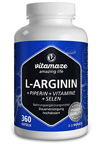 L-Arginina Capsulas 4500 mg, 360 Comprimidos con Formula Vital B6, B12 + Acido Folico + Selenio y Piperina, sin Aditivos Innecesarios