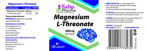 L-Threonate de magnesio 2000mg por dosis 120 cápsulas, certificado de análisis de AGROLAB Alemania, puro, sin rellenos ni sustancias de relleno