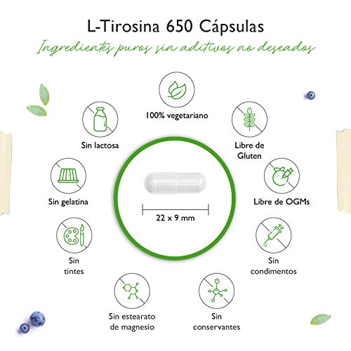L-tirosina - 240 cápsulas veganas - 1300 mg por porción diaria - Suministro para 4 meses - Aminoácido puro de la fermentación de la planta - Vegano - Altamente dosificado