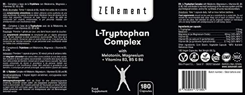 L-Triptófano Complex con Melatonina, Magnesio + Vitaminas B3, B5 y B6, 180 Cápsulas | Nootrópico | Regula el estado de ánimo y combate el estrés, precursor de Serotonina | Vegano, libre de aditivos
