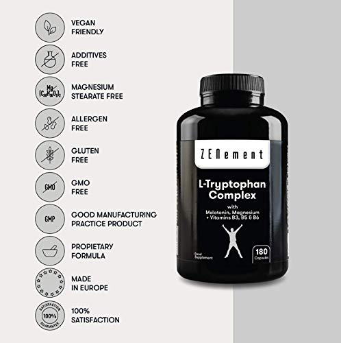 L-Triptófano Complex con Melatonina, Magnesio + Vitaminas B3, B5 y B6, 180 Cápsulas | Nootrópico | Regula el estado de ánimo y combate el estrés, precursor de Serotonina | Vegano, libre de aditivos