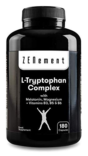 L-Triptófano Complex con Melatonina, Magnesio + Vitaminas B3, B5 y B6, 180 Cápsulas | Nootrópico | Regula el estado de ánimo y combate el estrés, precursor de Serotonina | Vegano, libre de aditivos