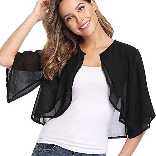 Ladiery Chalecos de gasa de manga corta abierta frente Bolero Cardigan Outerwear Chal de noche boda Cape Camisa Tops, Negro, Large