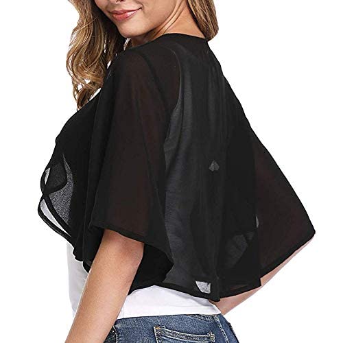 Ladiery Chalecos de gasa de manga corta abierta frente Bolero Cardigan Outerwear Chal de noche boda Cape Camisa Tops, Negro, Large