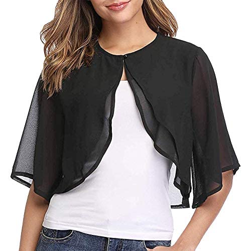 Ladiery Chalecos de gasa de manga corta abierta frente Bolero Cardigan Outerwear Chal de noche boda Cape Camisa Tops, Negro, Large