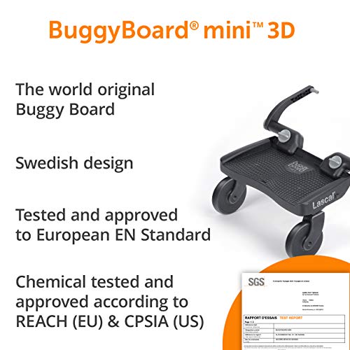 Lascal BuggyBoard Mini 3D Plataforma con ruedas para carrito infantil, accesorio para niños de 2 a 6 años (22 kg), compatible con casi todas las sillitas de paseo, rojo