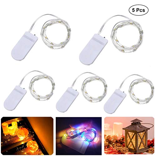 LEDMOMO 5pcs con Pilas 10 Leds Fairy String Light 1M Silver Copper Wire Mini lámpara para Vacaciones de Navidad Banquete de Boda (luz Blanca cálida, Pilas de botón Incluidas)