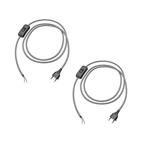 ledscom.de Cable textil con enchufe, interruptor de 2 núcleos negro blanco dentado, 2m, 2pcs.