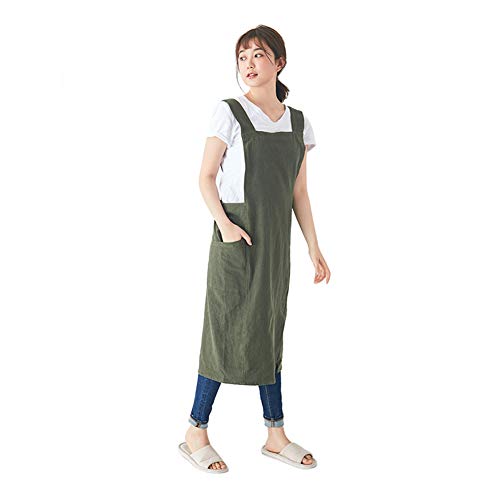 LeerKing Delantal Cruzado Japones de Algodón 100% con 2 Bolsillos Mandiles Cocina Trabajo Jardinería Servicio para Hombre y Mujer, Verde 90CM