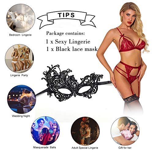 Lencería sexy de mujer Lencería de encaje sexy Ropa interior de peluche Tirantes Negligee Ropa de dormir Camisón Lencería con cuello en V Babydoll Liguero con cinturón Lencería + Máscara de encaje