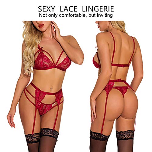 Lencería sexy de mujer Lencería de encaje sexy Ropa interior de peluche Tirantes Negligee Ropa de dormir Camisón Lencería con cuello en V Babydoll Liguero con cinturón Lencería + Máscara de encaje