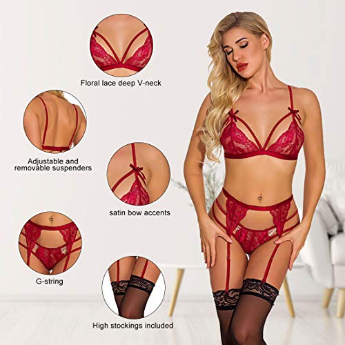 Lencería sexy de mujer Lencería de encaje sexy Ropa interior de peluche Tirantes Negligee Ropa de dormir Camisón Lencería con cuello en V Babydoll Liguero con cinturón Lencería + Máscara de encaje