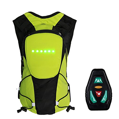 lennonsi Mochila para bicicleta con indicador LED de señal, mando a distancia inalámbrico, luz intermitente de seguridad, mochila verde aprox. 2 L