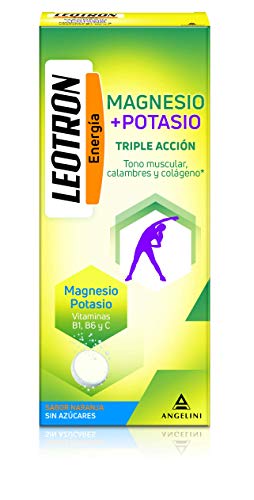 LEOTRON Magnesio + Potasio - 30 comprimidos efervescentes - Triple acción: Tono muscular, calambres y colágeno - Agradable sabor a naranja - Envase para 30 días. A partir de 12 años.
