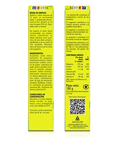 LEOTRON Magnesio + Potasio - 30 comprimidos efervescentes - Triple acción: Tono muscular, calambres y colágeno - Agradable sabor a naranja - Envase para 30 días. A partir de 12 años.