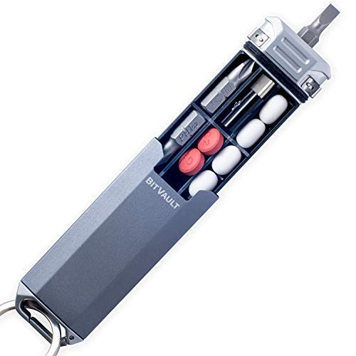 Lever Gear BitVault - Llavero con funda de transporte y destornillador compacto EDC – clips de cápsulas impermeables para llavero, cinturón o bolsillos – gris metálico/plateado