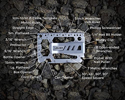 Lever Gear Toolcard Pro con Clip para Billetes - Multi-herramienta 40 en 1 en formato de tarjeta de crédito. Multi Herramienta de Cartera Elegante Minimalista de Acero Inoxidable – Plata Granallada