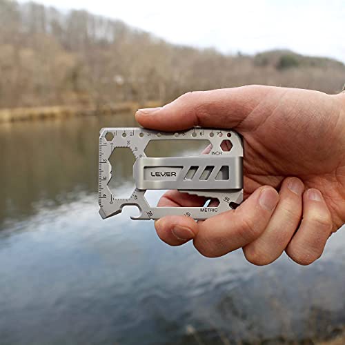 Lever Gear Toolcard Pro con Clip para Billetes - Multi-herramienta 40 en 1 en formato de tarjeta de crédito. Multi Herramienta de Cartera Elegante Minimalista de Acero Inoxidable – Plata Granallada