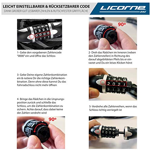 Licorne Bike Candado para bicicletas con números y alto nivel de seguridad, candado de cadena, combinación con código numérico, eslabones de cadena de acero endurecido Negro