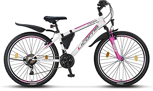 Licorne Bike Guide Bicicleta de montaña de 26 Pulgadas, Cambio de 21 velocidades, suspensión de Horquilla, Bicicleta Infantil, Bicicleta para niños y niñas, Bolsa para Cuadro,Blanco/Rosa