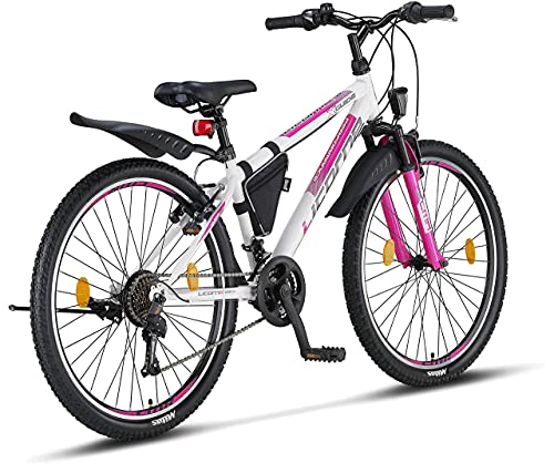 Licorne Bike Guide Bicicleta de montaña de 26 Pulgadas, Cambio de 21 velocidades, suspensión de Horquilla, Bicicleta Infantil, Bicicleta para niños y niñas, Bolsa para Cuadro,Blanco/Rosa