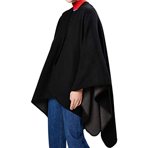 Lifetooler Poncho de mujer Chaqueta de frente abierto Chaqueta de invierno Dama de capa reversible Impreso de gran tamaño Envolturas a cuadros Tartán Patrón geométrico Mantón (azul marino)