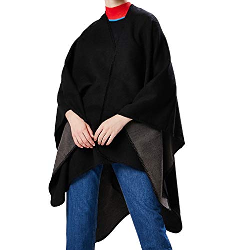 Lifetooler Poncho de mujer Chaqueta de frente abierto Chaqueta de invierno Dama de capa reversible Impreso de gran tamaño Envolturas a cuadros Tartán Patrón geométrico Mantón (azul marino)