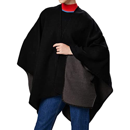 Lifetooler Poncho de mujer Chaqueta de frente abierto Chaqueta de invierno Dama de capa reversible Impreso de gran tamaño Envolturas a cuadros Tartán Patrón geométrico Mantón (azul marino)