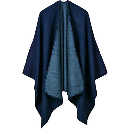 Lifetooler Poncho de mujer Chaqueta de frente abierto Chaqueta de invierno Dama de capa reversible Impreso de gran tamaño Envolturas a cuadros Tartán Patrón geométrico Mantón (azul marino)