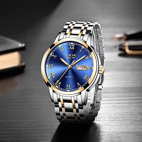LIGE Hombre Reloj Impermeable Acero Inoxidable Cuarzo Analógico Relojes Moda Deportivos Calendario Reloj para Hombre (Blue)