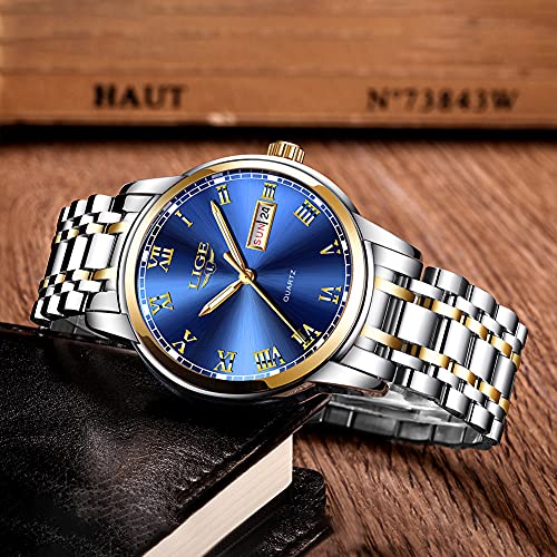 LIGE Hombre Reloj Impermeable Acero Inoxidable Cuarzo Analógico Relojes Moda Deportivos Calendario Reloj para Hombre (Blue)