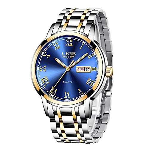 LIGE Hombre Reloj Impermeable Acero Inoxidable Cuarzo Analógico Relojes Moda Deportivos Calendario Reloj para Hombre (Blue)