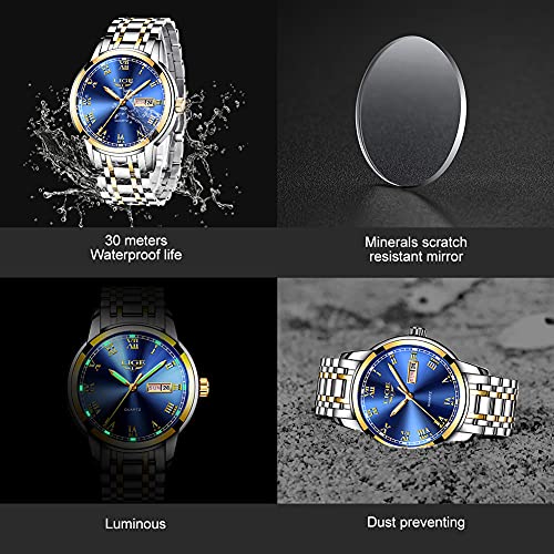 LIGE Hombre Reloj Impermeable Acero Inoxidable Cuarzo Analógico Relojes Moda Deportivos Calendario Reloj para Hombre (Blue)