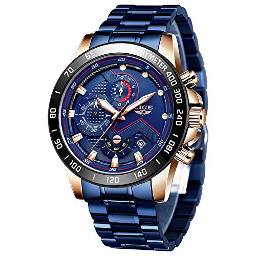 LIGE Relojes Hombre Militare Deportivos Impermeable Acero Inoxidable Analógico Cuarzo Relojes de Pulsera para Hombre Azul