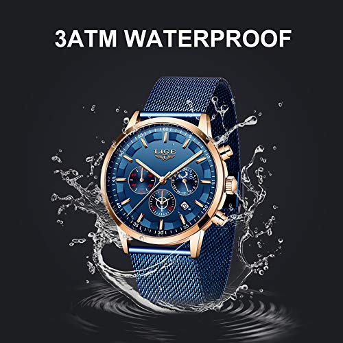 LIGE Relojes Hombre Moda Impermeable Acero Inoxidable Analógico Cuarzo Relojes Negocio Azul Automática Fecha Relojes