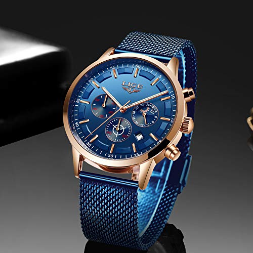 LIGE Relojes Hombre Moda Impermeable Acero Inoxidable Analógico Cuarzo Relojes Negocio Azul Automática Fecha Relojes