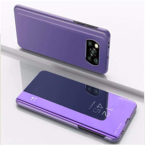 LINER Funda para Xiaomi Poco X3 Pro/Poco X3 NFC Estuche, Espejo Carcasa Ultra Slim Ligero Flip Libro Funda Clear View Standing Cover Mirror PC + PU Bumper Soporte Plegable Case - Azul Morado