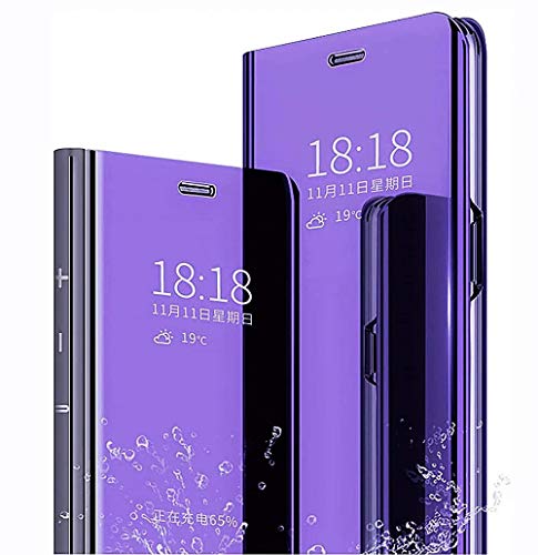 LINER Funda para Xiaomi Poco X3 Pro/Poco X3 NFC Estuche, Espejo Carcasa Ultra Slim Ligero Flip Libro Funda Clear View Standing Cover Mirror PC + PU Bumper Soporte Plegable Case - Azul Morado