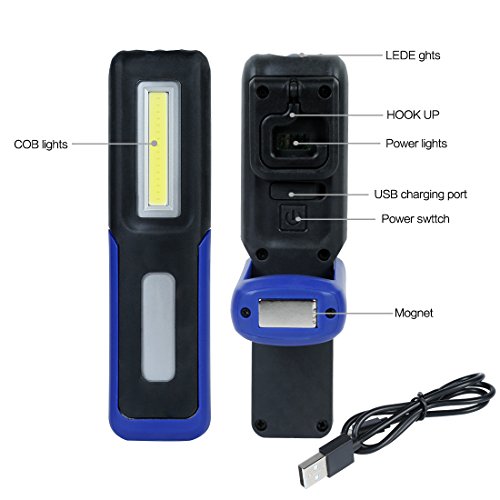 Linterna Taller Lampara led Recargable，HTBAKOI Luz de Trabajo Portatil Mecanico Superbrillante Dual Luz Modo( LED + COB ) con Base Magnética 360º Gancho para Coche Hogar Camping Carro Uso Emergencia