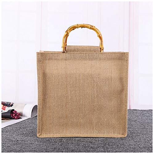 Liyue-hemp rope Yute Natural arpillera Bolsas de Asas Reutilizable de Eco Grande del Bolso con la manija de bambú de Compra de comestibles Vino Bolsa de Regalo Tamaño 35X33X13CM Multi Propósito Bolsa