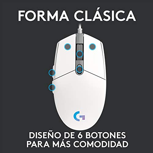 Logitech G203 LIGHTSYNC Ratón Gaming con Iluminación RGB Personalizable, 6 Botones Programables, Captor 8K para Gaming, Seguimiento de hasta 8,000 DPI, Ultra-ligero - Blanco