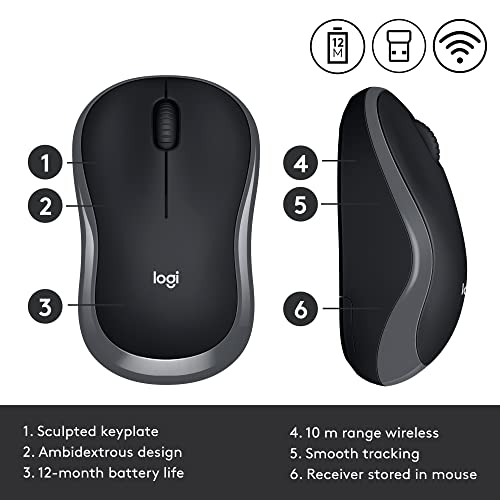 Logitech M185 Ratón Inalámbrico, 2,4 GHz con Mini Receptor USB, Batería 12 Meses, Seguimiento Óptico 1000 DPI, Ambidiestro, PC/Mac/Portátil - Gris