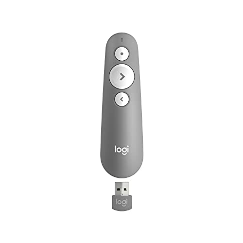 Logitech R500s, dispositivo de presentación láser de Clase 1 Bluetooth y USB/ clicker para presentaciones – Compatibilidad universal, radio de acción de 20 m, personalizable– Gris claro
